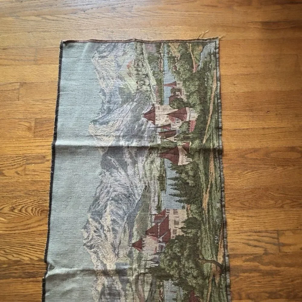 Vintage European Woven Tapestry Alpine Castle Mountain Lake Scenic Wall Art